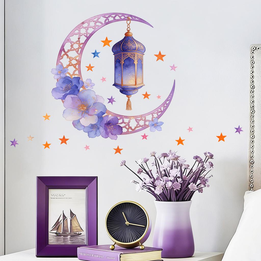 Purple Moon And Flower Chandelier For Bedroom And Living Room, Middle Holiday Decorative Wall Stickers