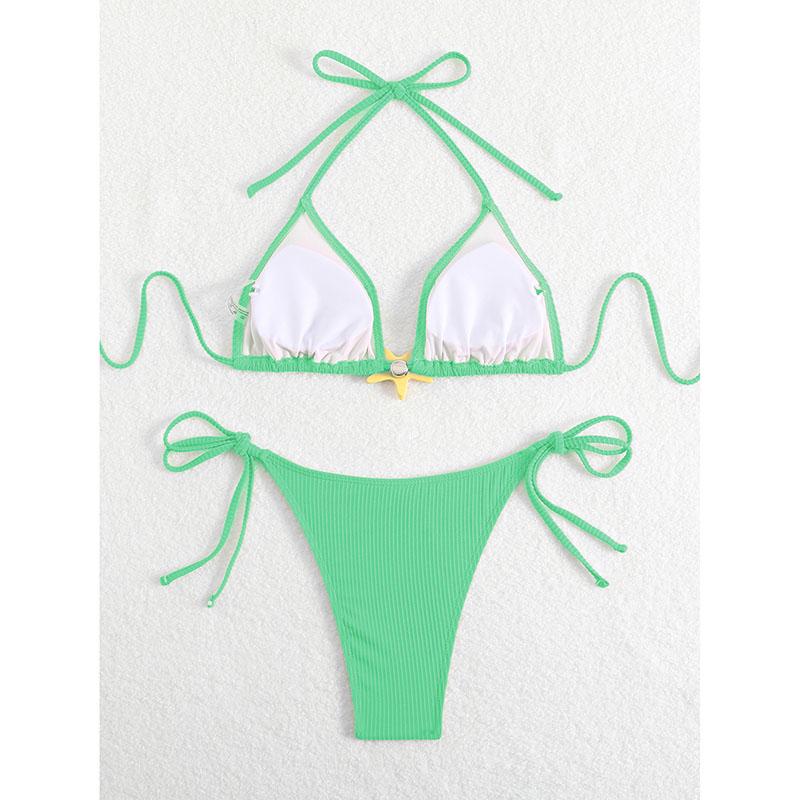 New Sexy Solid Color Backless Hanging Neck Tight Bikini Split Side Strap Women's Triangle Swimsuit Three-point Bikini Set
