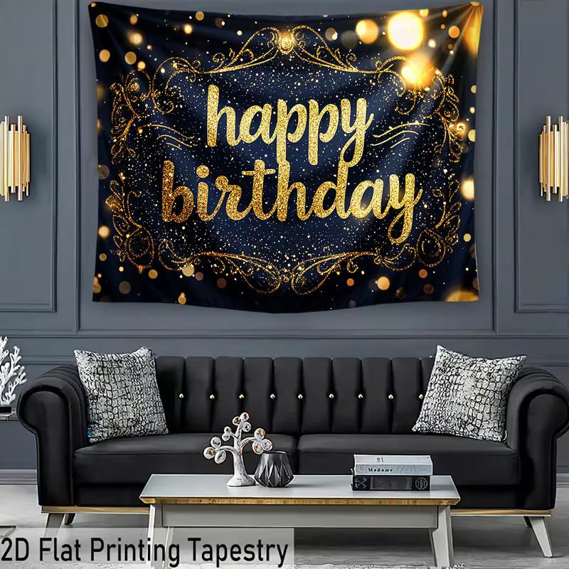 2D Elegant Navy Blue Happy Birthday Backdrop with Gold Glitter Letters and Bokeh Photography Background