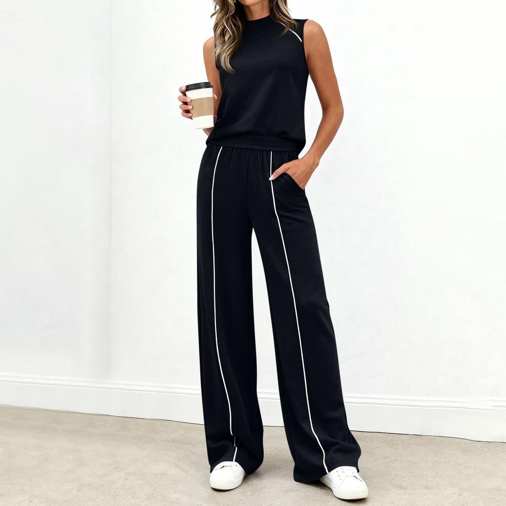 Women's Casual Fashion High-Neck Sleeveless Top And Wide-Leg Trousers Set