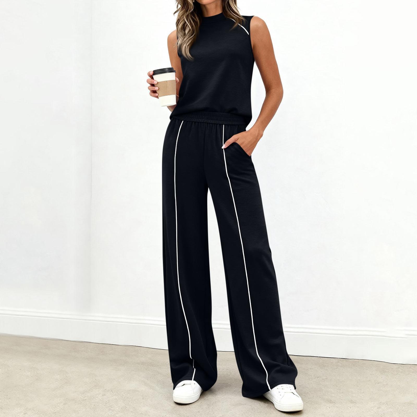 

Женский повседневный модный комплект: топ без рукавов с высоким воротником и широкие брюки L чёрный