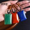 Hand Polished Stone Pendant Natural Crystal Necklace, Healing Energy Necklace with Adjustable Rectangle Braided Rope, Fake Gemstone Jewelry