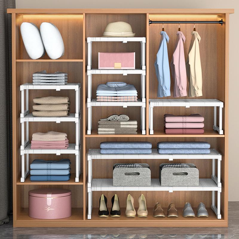 Adjustable Closet Storage No-Punch Storage Shelf Space Saving Wardrobe Decorative Shelf Cabinet Holder for Bathroom Kitchen Shoes Rack Sundry Storage