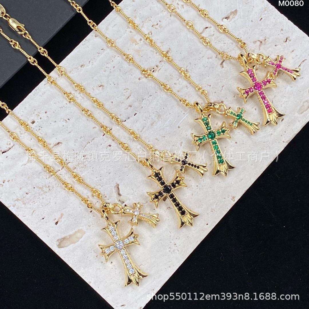 Двойной Крест Алмазный Круассан Ожерелье: Универсальные ретро-украшения для пар Double Cross Black Diamond