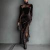 Women Velvet High Neck Long Sleeve Dress Asymmetric Hem Lace Insert Slit Evening Party Maxi Dress