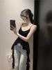 Black White Satin Corset Spaghetti Strap Camisole With Irregular Lace Ruffle Hem Built-in Padded Bra Slim Fitted Women Sleeveless Top