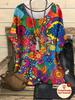 Ladies Large Bohemian Color Pattern Printed Top, Casual Crew Neck Short Sleeve T-Shirt