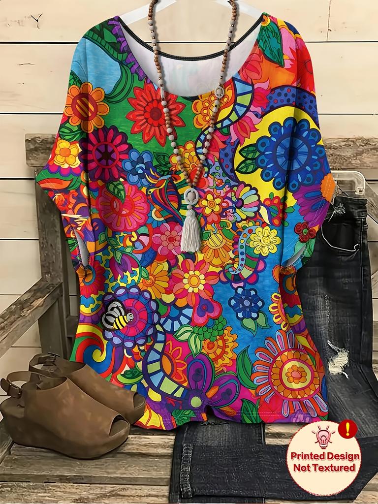 Ladies Large Bohemian Color Pattern Printed Top, Casual Crew Neck Short Sleeve T-Shirt