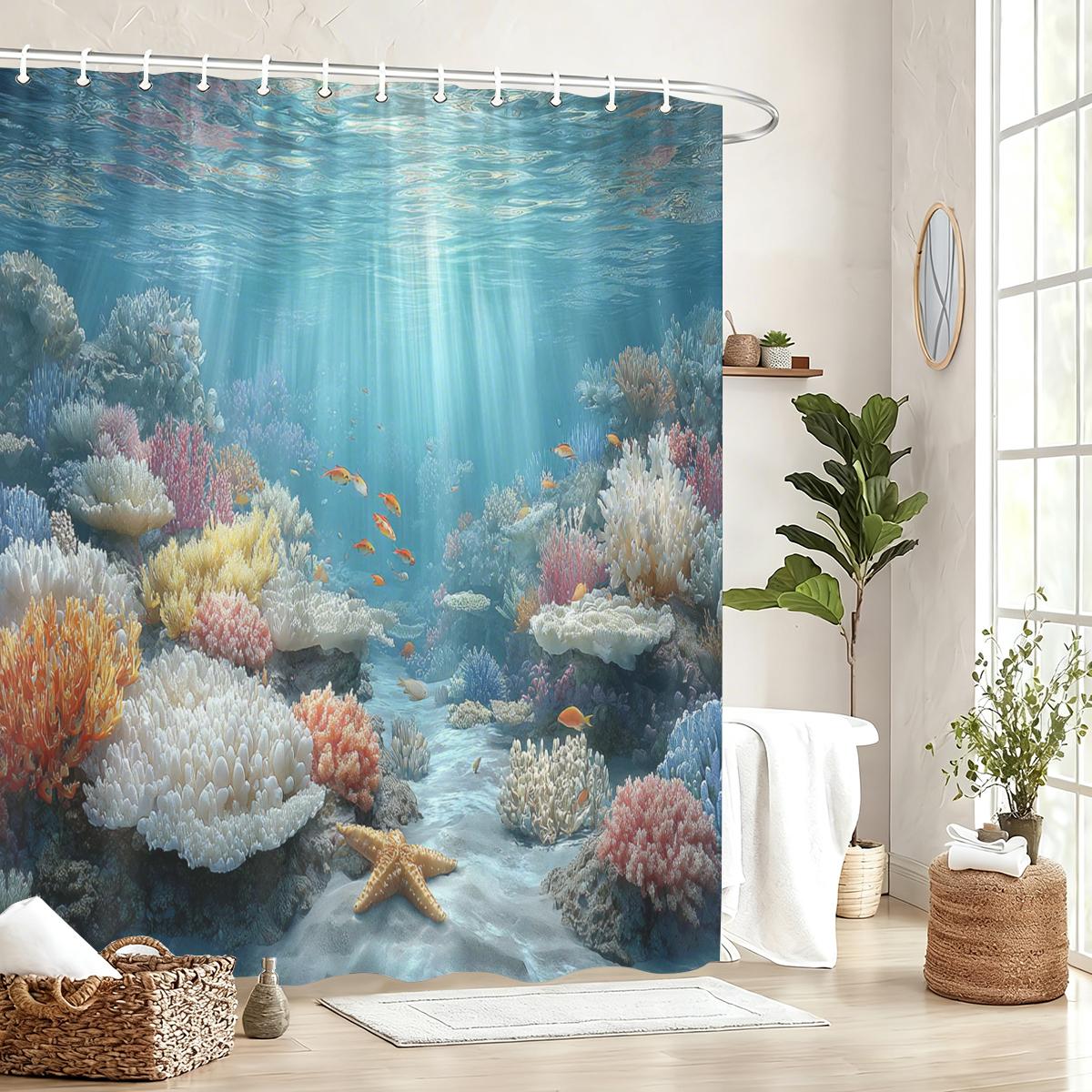

Vibrant Corais Marinhos Pattern Polyester Shower Curtain - Nautical Style Bathroom Decor Fabric Bathtub Curtain W60H190(CM)-1 Pcs