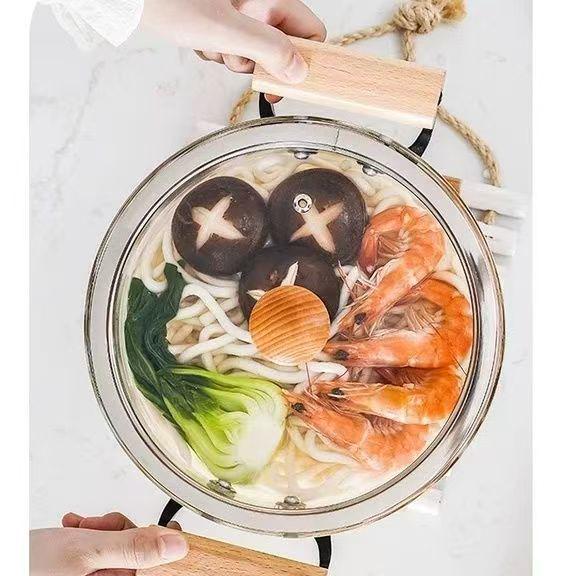 High Borosilicate Glass Soup Pot with Lid for Electric Stoves, Transparent Double Ear, Wood Handle.