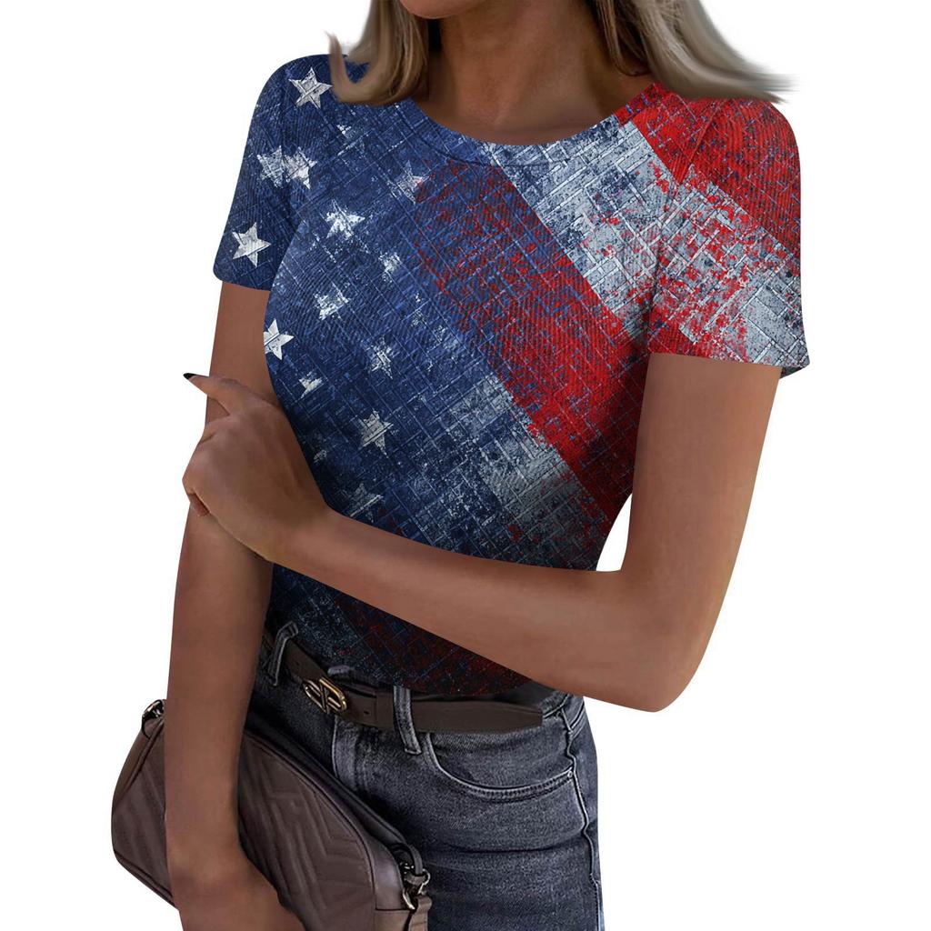 Women's Casual Fashion Round Neck Independence Day Print Short-Sleeve Ribbed Top