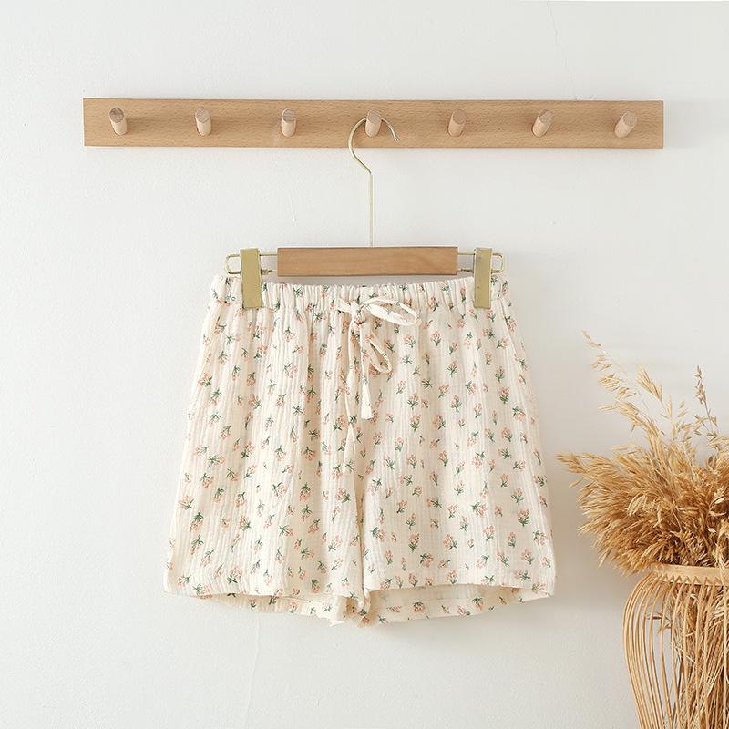 Women's summer pure cotton cotton Japanese printed thin shorts summer pajama pants home pants loose outer wear