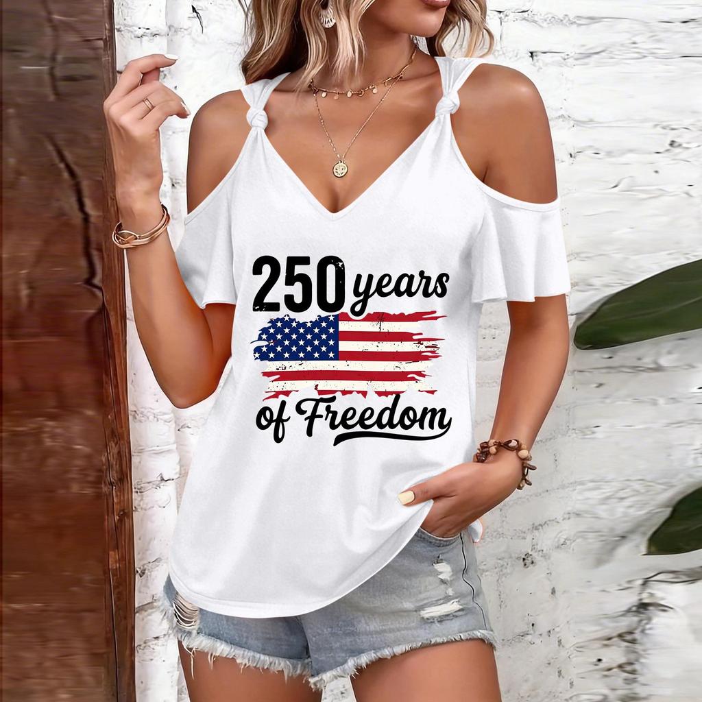 Blouses Manches Courtes pour Femmes Épaules Dénudées Col en V Chemises Manches Courtes pour Femmes avec Graphique Imprimé Hauts Manches Courtes pour Femmes Coupe Décontractée