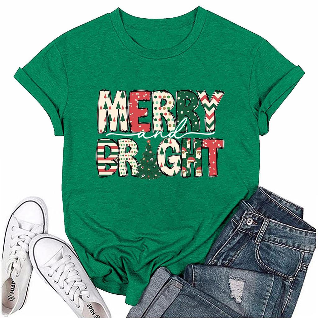Women's Fashion Casual Christmas Printed Short Sleeve Loose Round Neck Pullover Top