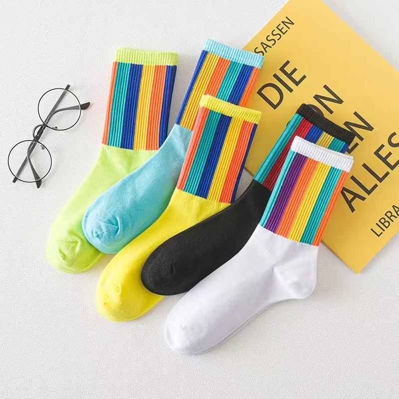 5 Pairs of Women's Rainbow Striped Socks, Fashionable, Comfortable, Soft, Breathable, Cute Candy Colored Mid Tube Couple Socks