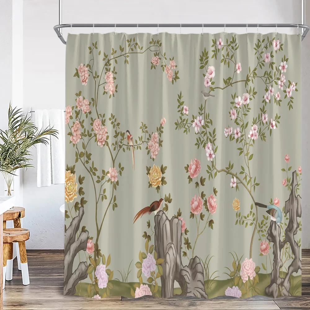 Chinese Style Shower Curtain Birds Classical Flower Tree Plant Asian Bathroom Decor Vintage Polyester Bath Curtain with Hook