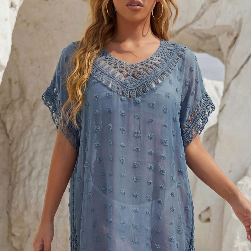 

Women s Swiss Dot Crochet Trim Swim Cover-Up Mesh V-Neck Beach Tunic Dress onesize
