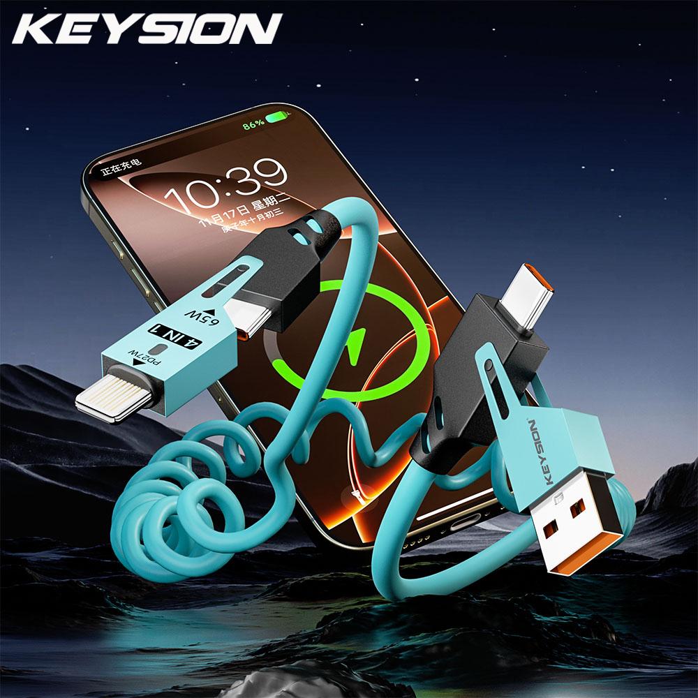 

KEYSION 65W 4 в 1 PD кабель для быстрой зарядки USB Type C пружинный кабель для быстрой зарядки данных для iPhone Samsung Xiaomi Huawei телефон USB-кабель 1.5m синий