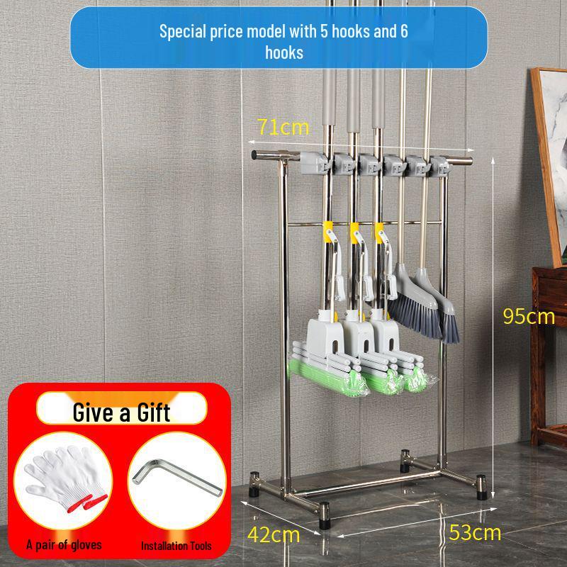 Stainless Steel Movable Floor Mop and Broom Rack for Commercial Cleaning Tools.