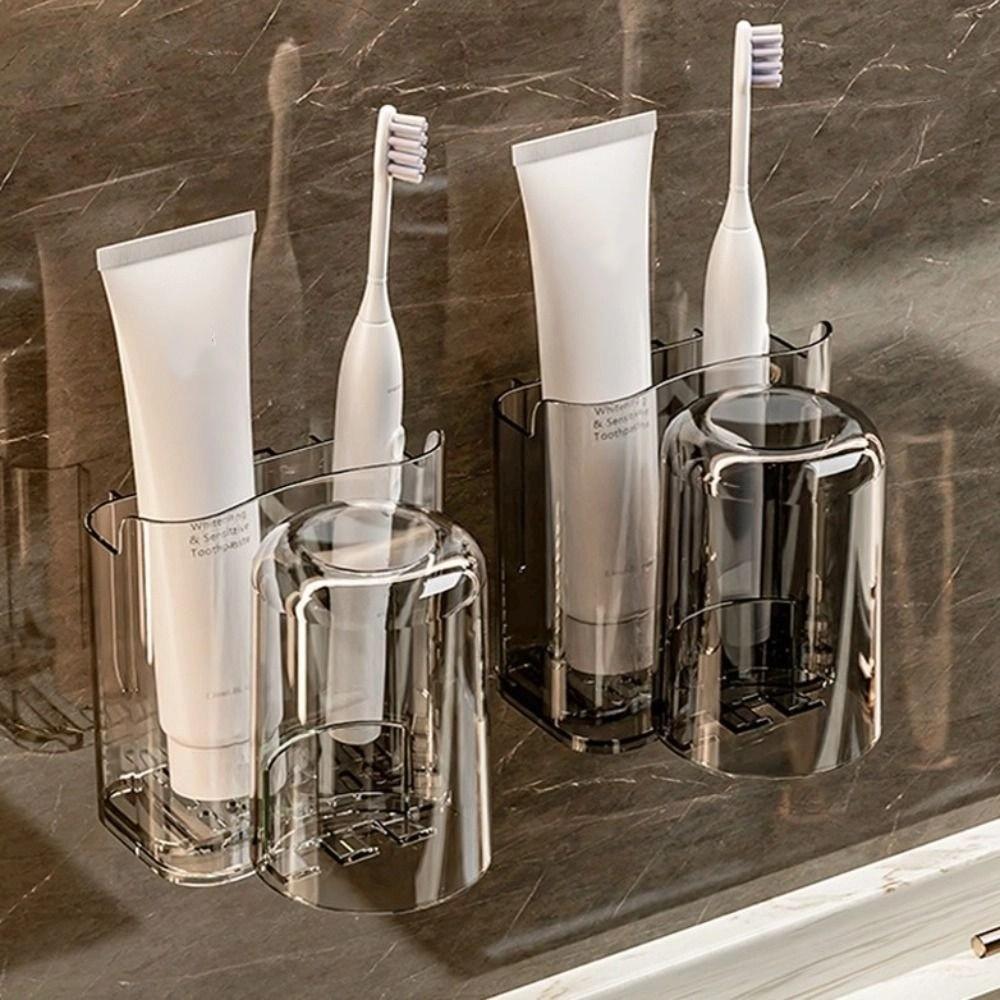 2pcs Wall Mounted Toothbrush Holder PET Mouthwash Cup Rack  Bathroom Accessories