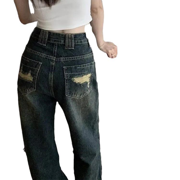 Women's High-Waist Distressed Ripped Jeans - Retro Washed, Loose Wide-Leg Style for Spring/Summer