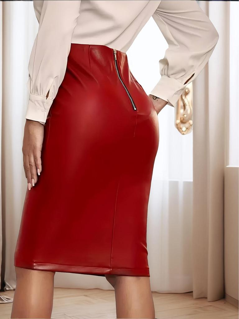 Damen Freizeit Mid-Length Lederrock mit Schlitz hinten und Reißverschluss