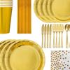 Goldenes Party-Geschirrset: Roségoldene Teller, Becher, Strohhalme und Kuchenplatten