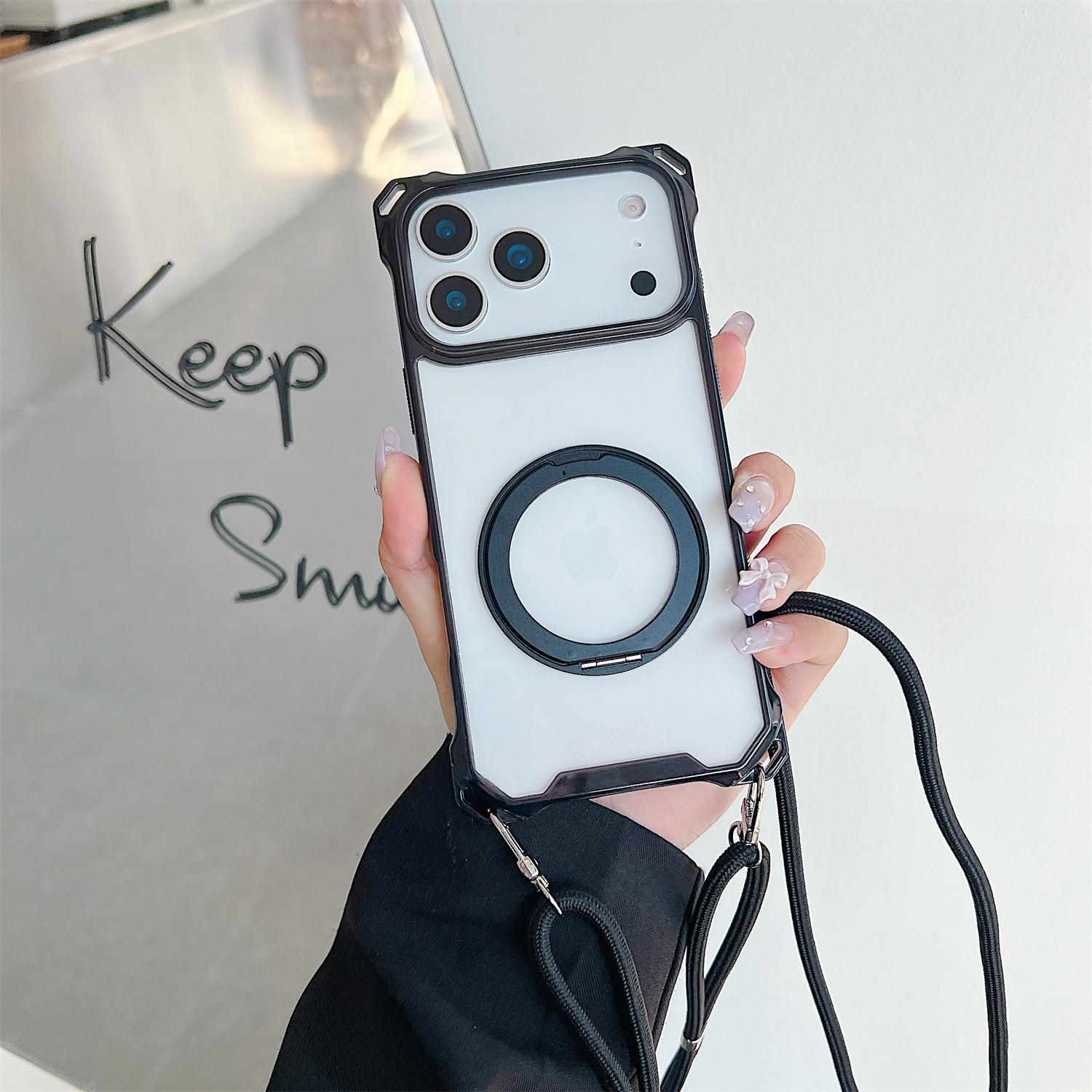 

For iPhone 17 Pro Magnetic Case Ring Kickstand TPU + PC Phone Cover with Lanyard