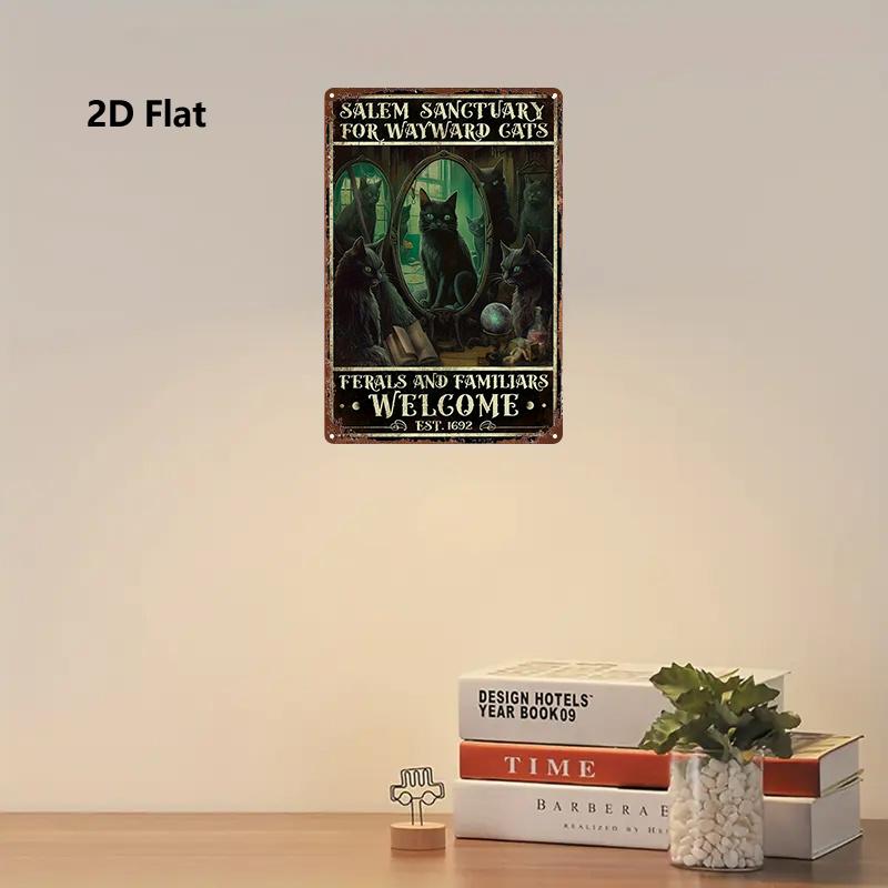 1pc Gothic Black Cat & Magic Mirror Metal Wall Art Rustic Iron Decorative Plaque with "Salem Sanctuary for Wayward Cats" Text