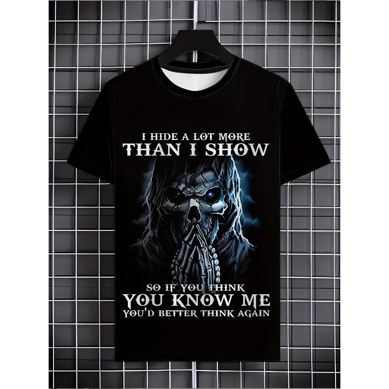 Europeisk Storlek Herr T-shirt med Skallegrafik - 3D-tryckt Streetwear, Svart Casual Kortärmad T-shirt med Designen "I Hide a Lot More Than I Show"