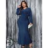 Sexy V Neck Long Sleeve Mermaid Evening Dress High Waist Plus Size