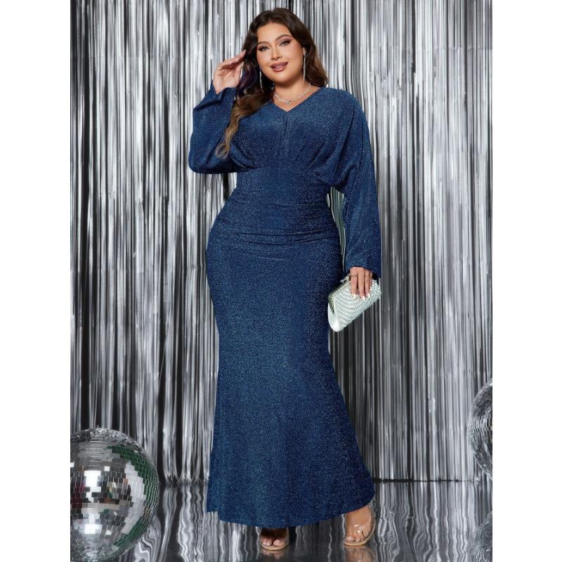 Sexy V Neck Long Sleeve Mermaid Evening Dress High Waist Plus Size