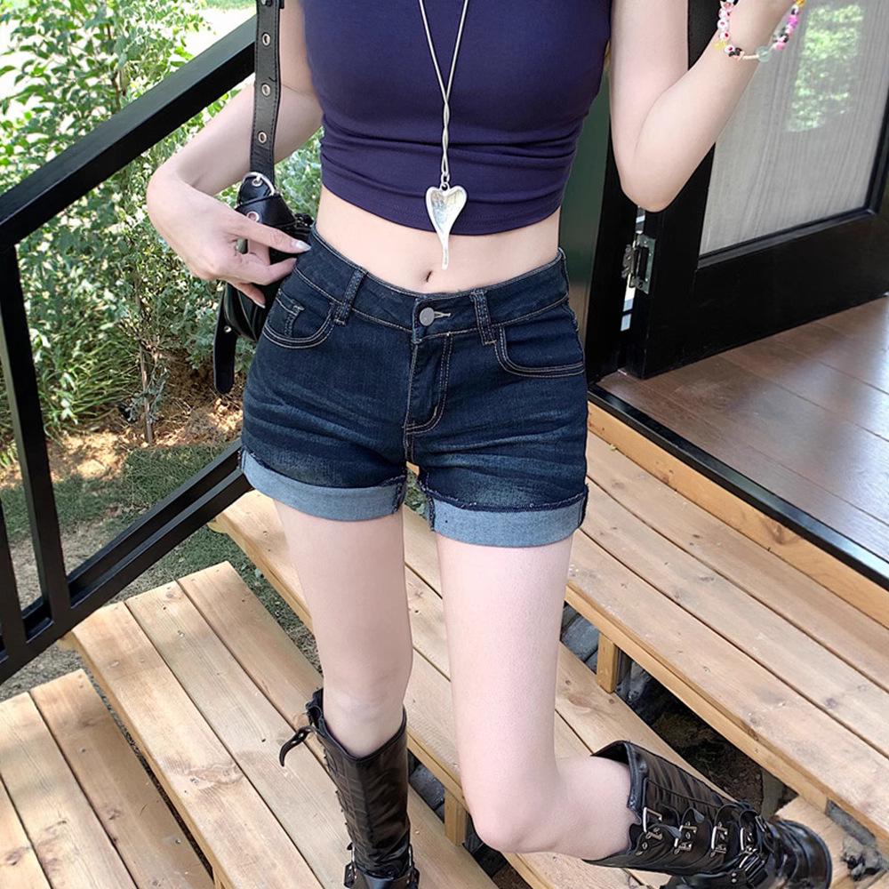 Spicy Girl Retro Deep Blue Cuffed Women's Denim Shorts - 2025 Summer Slim Fit