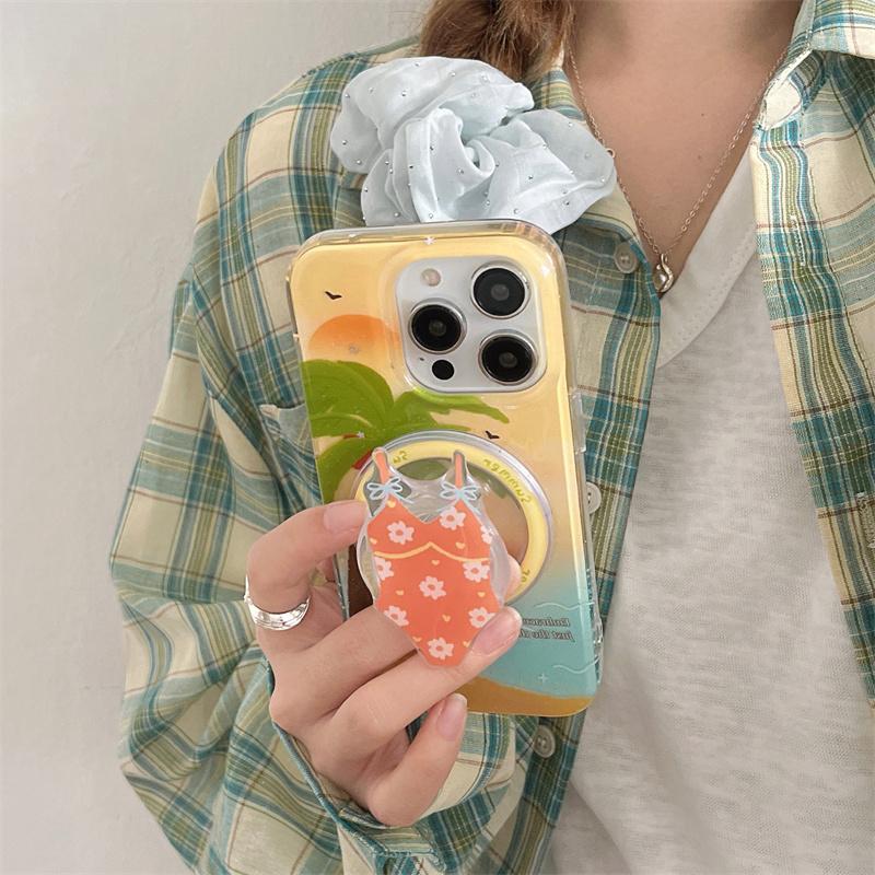 Summer Beach Coconut Tree Magnetic Phone Case For iPhone 16 Pro 15 13 14 Pro Max Cover with Stand Holder Cute Cases for Magsafe