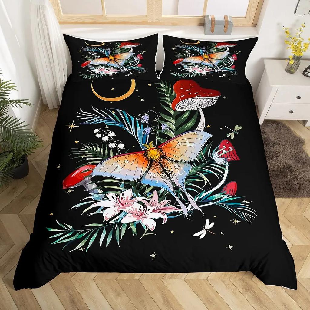 Glitter Starry Sky Galaxy Duvet Cover Mushroom Butterfly Quilt Cover Microfiber Star Moon Palm Leaves Flowers Queen Bedding Set