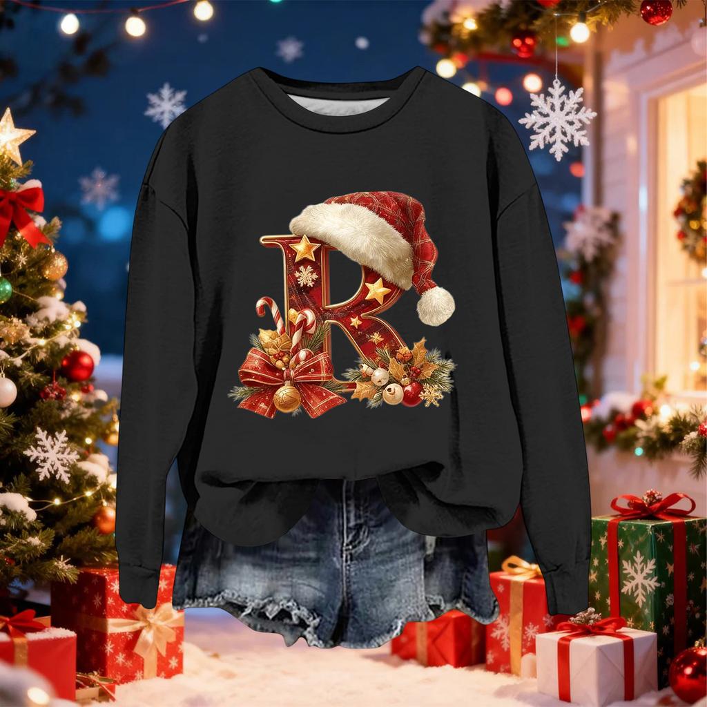 Damen Modisches Lässiges Langarm-Weihnachts-Sweatshirt mit Buchstaben-Print und Rundhalsausschnitt