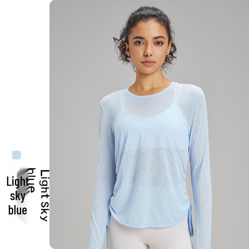 Женский сетчатый топ для йоги с длинным рукавом, быстросохнущий - Дышащая, прозрачная, свободная футболка для фитнеса Medium светло-голубой