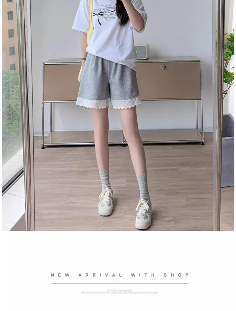 2025 Women's Gray Lace-Trim High Waist Wide-Leg Summer Shorts