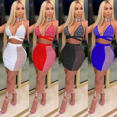 C3645 Fashion European & American Nightclub Skirt: Hot Drilling, Cross Straps, Backless Two-Piece Set