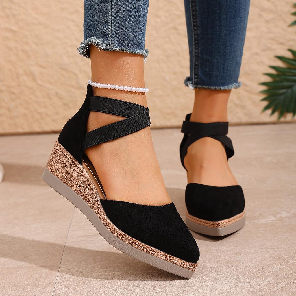 Bohemian Round Head Water Table Wedge Sandals Roman Strap High Heel Sandals Hollow Summer Straw Mat Sandals