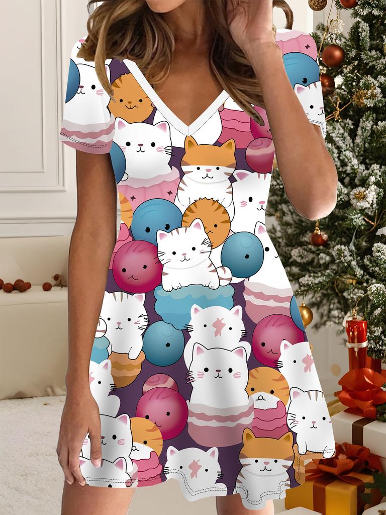 Mode Damen V-Ausschnitt Kurzarm Cartoon Katze Totem Bedrucktes Kleid Sex Kurzer Rock Kleider
