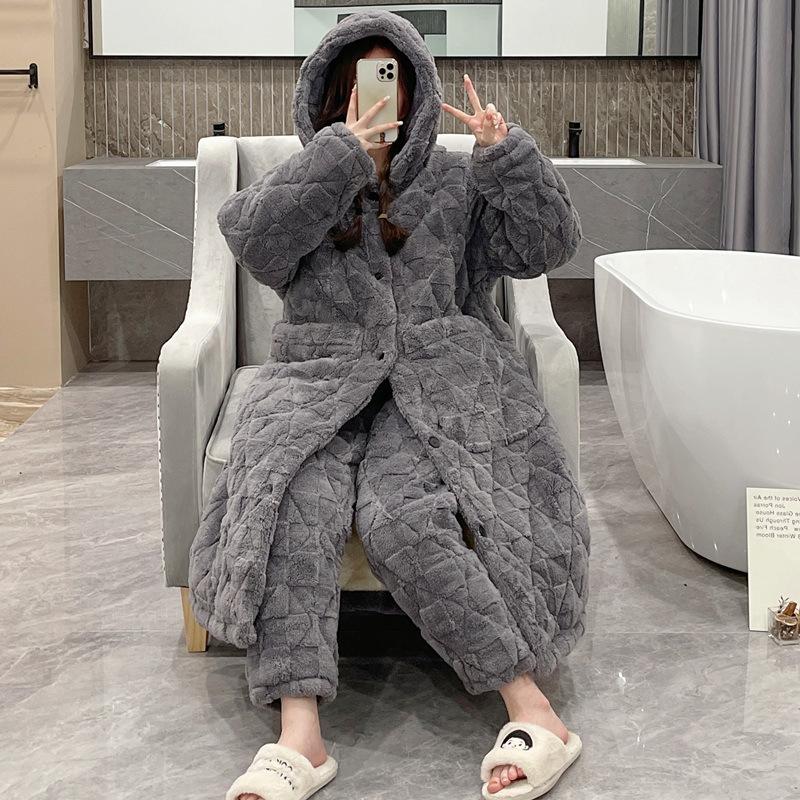 Übergröße, langer Bademantel mit Kapuze, Nachtwäsche, baumwollgepolstertes Flanell-Paar-Pyjama-Set, lockere Winter-Homewear, verdickte warme Nachtwäsche