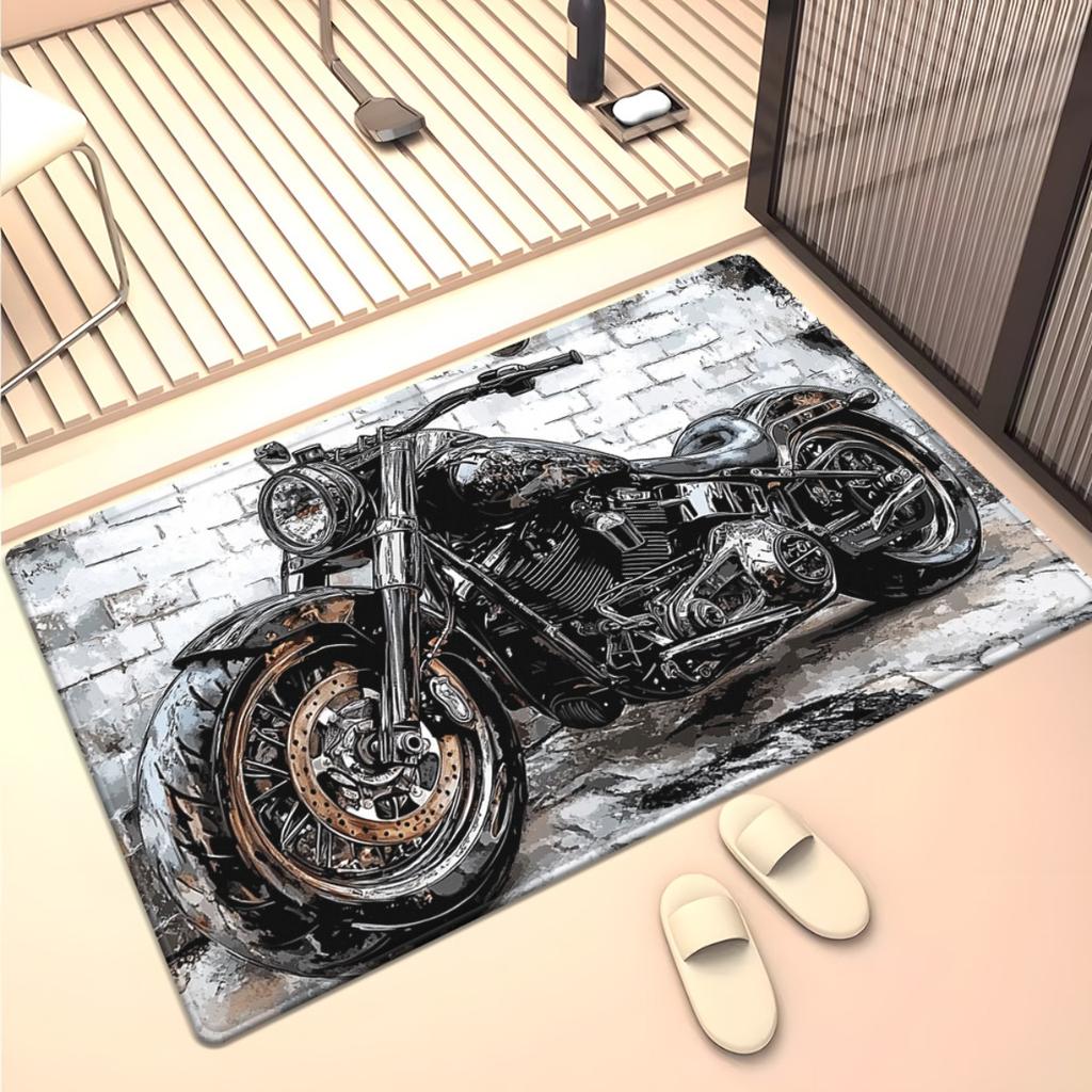 800g/m² Black Motorcycle HD Printed Carpet, Kitchen Rugs, Yoga Mat, Non-Slip Bathroom Mats, Absorbent Washable Polyester Rug for Bathroom, L