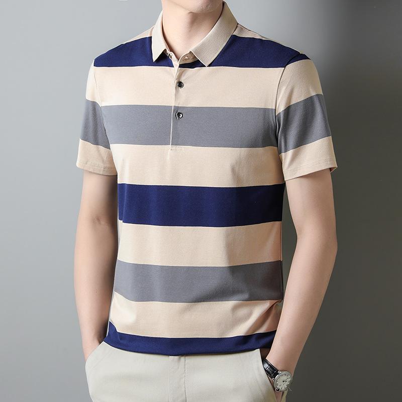 High Quality Men's Striped Short Sleeved T-shirt, Cotton Thin Design, Business Lapel, Men's Polo Shirt,