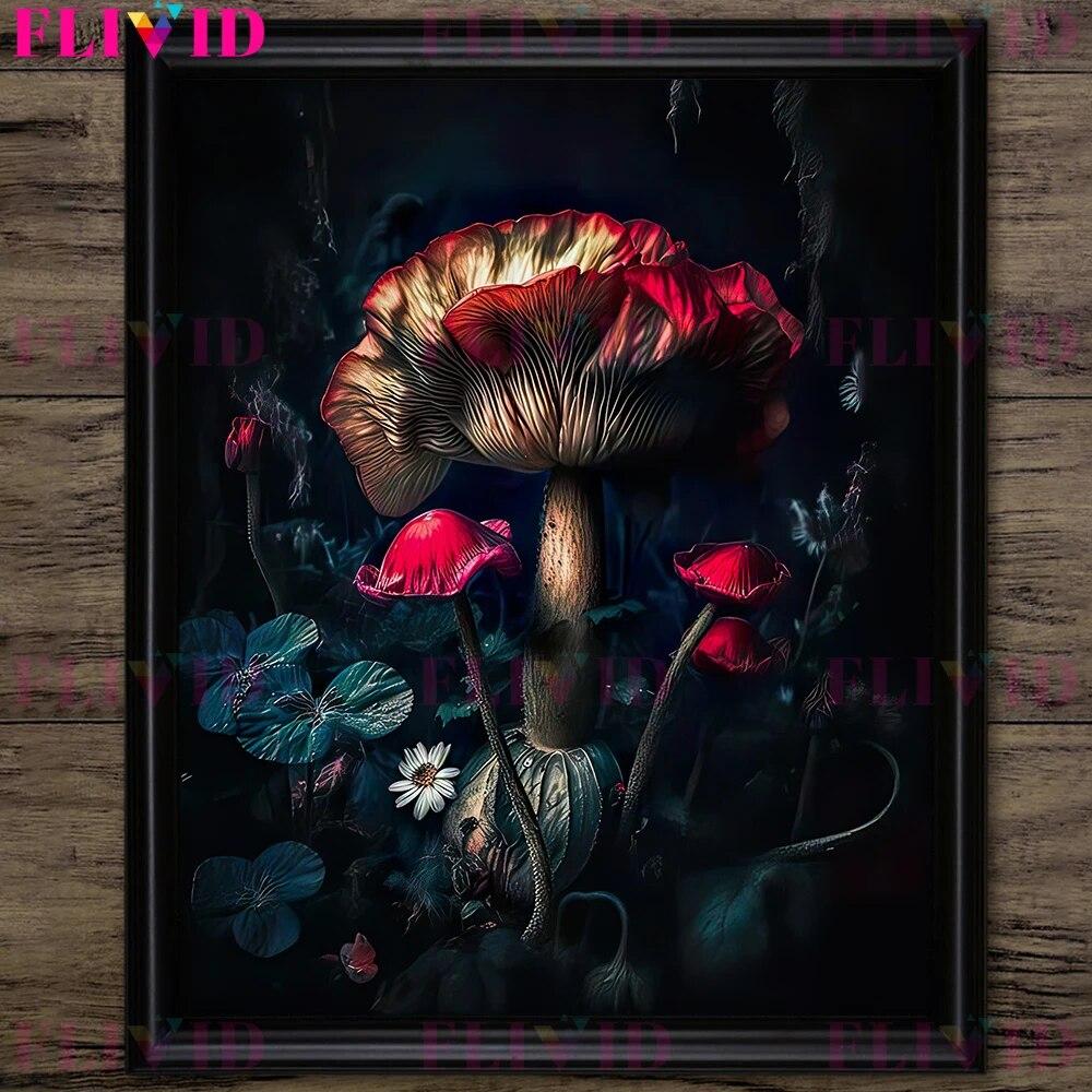Dark Forest Mushroom And Vintage Pink Roses Vintage Wall Art Print Dark Botanical Witchcraft Gothic Art Poster Print Decoration No Frame
