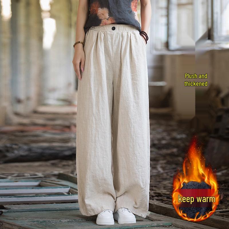 Ramie Cotton Women's Loose Casual Sand Wash Pants - Spring 25 Linen Straight Leg Long Pants 