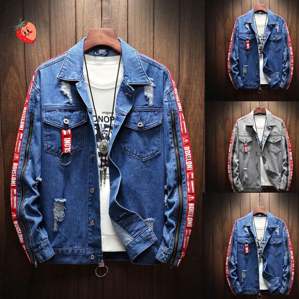 Mens Denim Jacket Winter Casual Vintage Wash Distressed Denim Coat