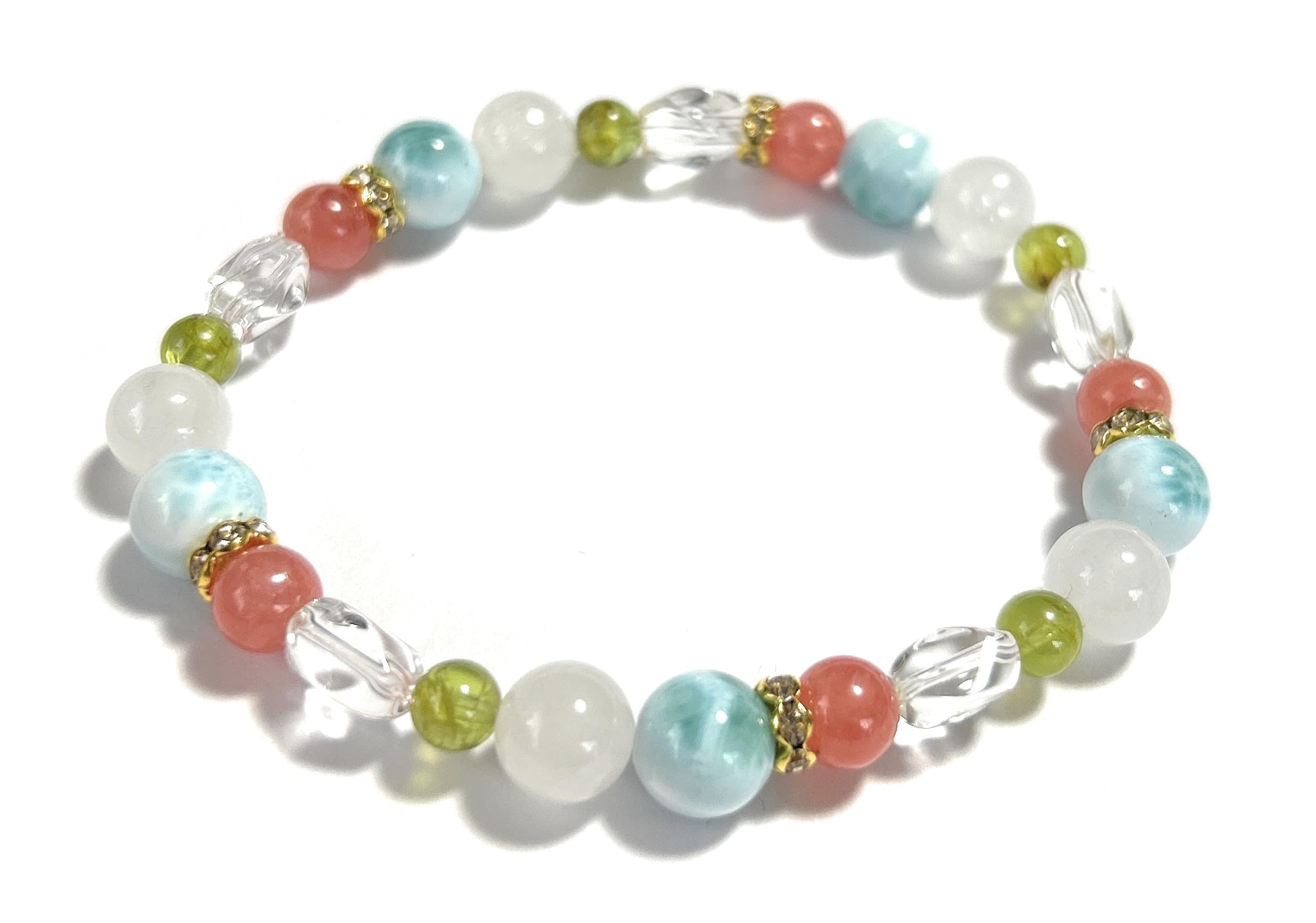 

[M*alline] Luxury Natural Stone Bracelet: Larimar, Inca Rose, Peridot, Crystal. Inner circumference: Approx. 16.5-17cm. Healing, Love, Amulet.