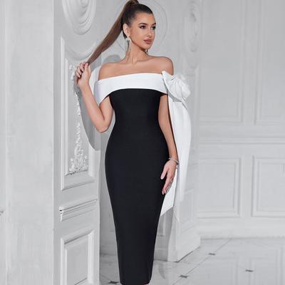 Amazon Europe and the United States New Sexy Shoulder Bow Bandage Dress, Splicing Celebrity Style Thin Evening Dress