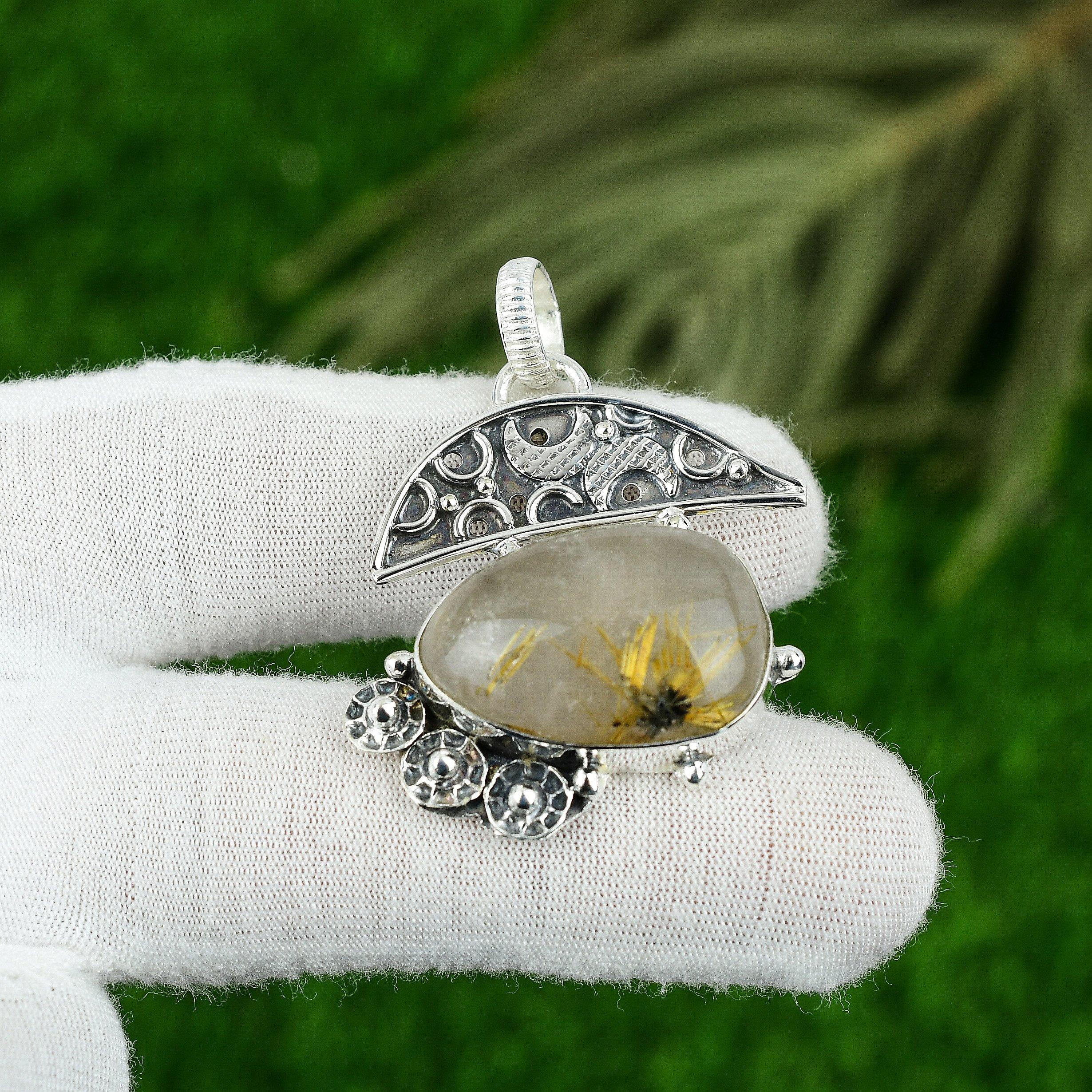 Sterling Silver Natural Golden Rutile Artisan Unique Wedding New Mother Pendant